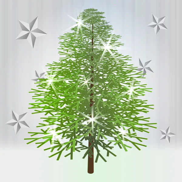 Classical green christmas tree with stars on grey background — Stock Vector