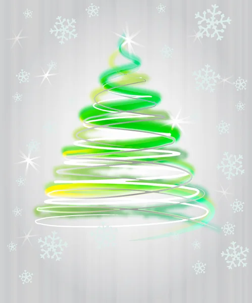 Grün-gelber Weihnachtsbaum flackert bei glitzerndem Schneefall — Stockfoto
