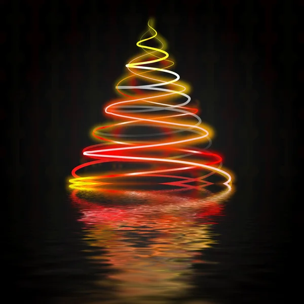 Red yellow christmas tree flare concept on black water background — 图库照片