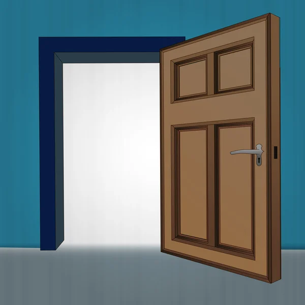 Interiérové dřevěné dveře otevřené na modré zdi vektor — Stockový vektor