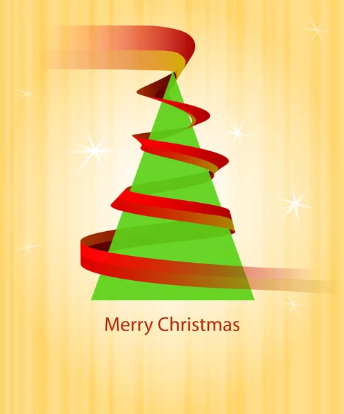 Triangolo albero verde di Natale con nastro rosso su vettore arancione — Vettoriale Stock