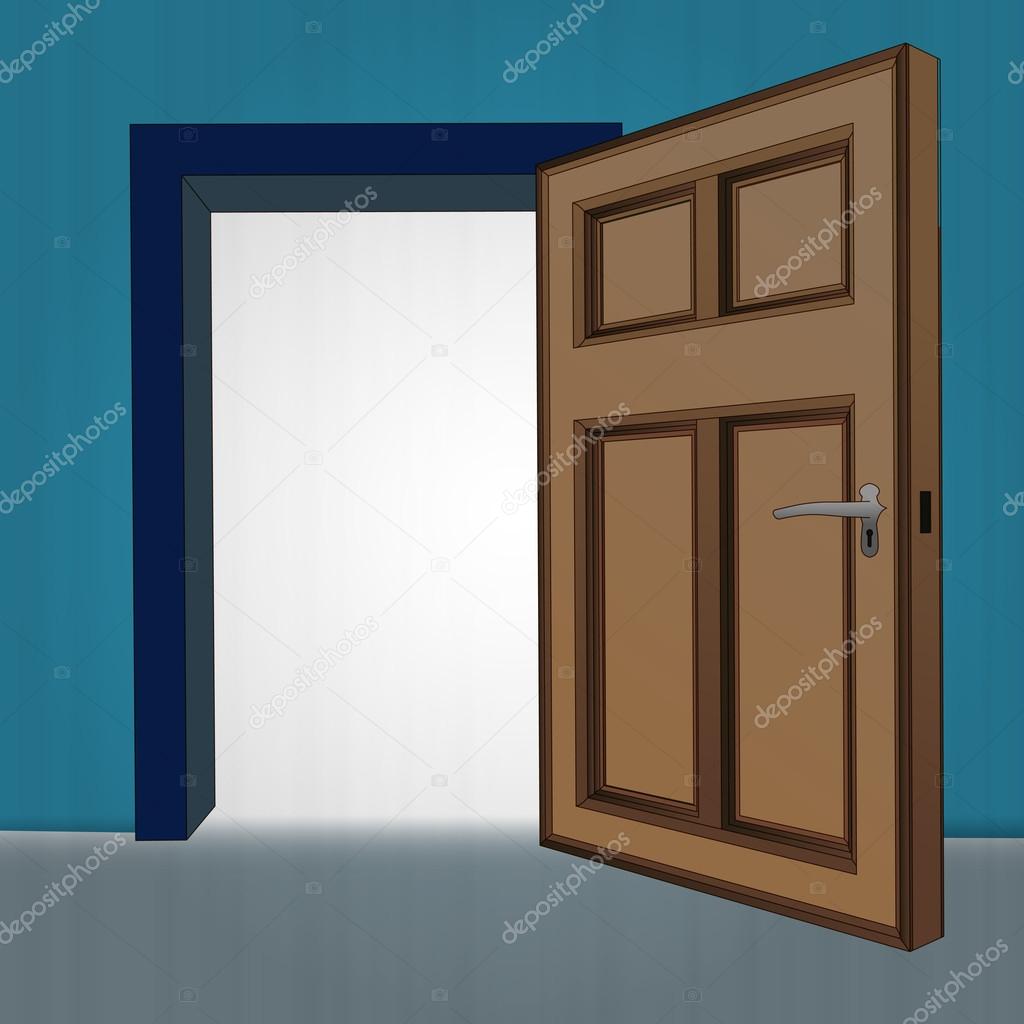 Interior wooden open door at blue wall vector
