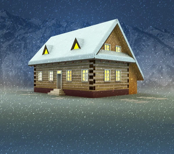 Berg cottage en venster glanzende licht bij nacht sneeuwval — Stockfoto