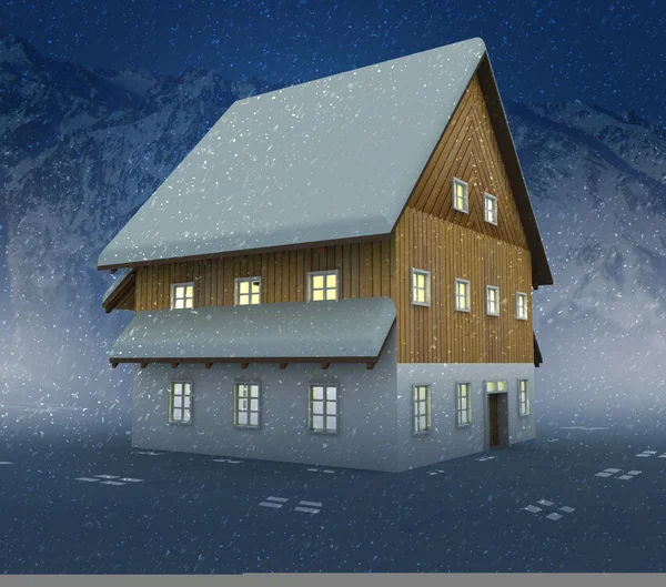 Idyllische Berghütte und Fensterbeleuchtung bei nächtlichem Schneefall — Stockfoto