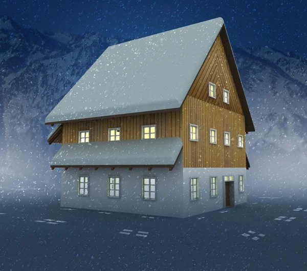 Idyllic mountain cottage and window lighting at night snowfall — Stock Photo, Image