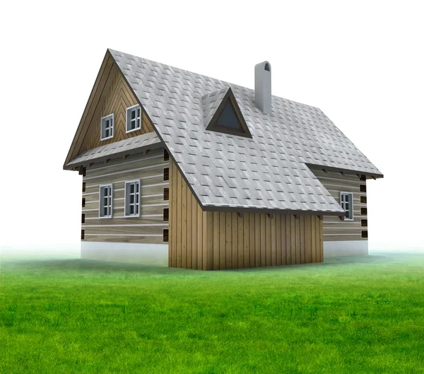 Vieille cabane de montagne avec herbe sur fond blanc — Photo