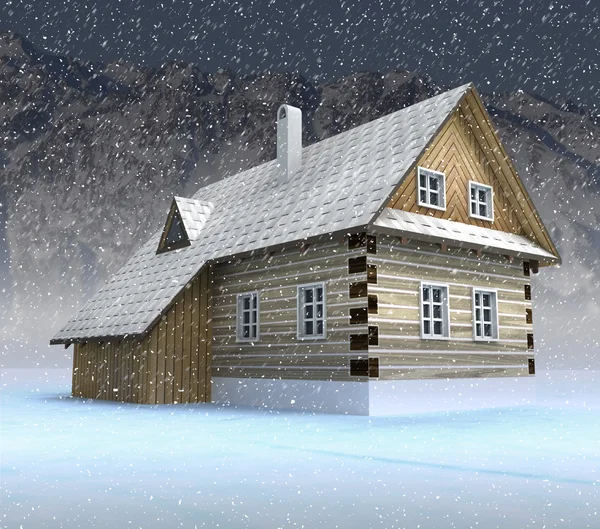 Classical mountain cabin at night snowfall — Stock Photo, Image