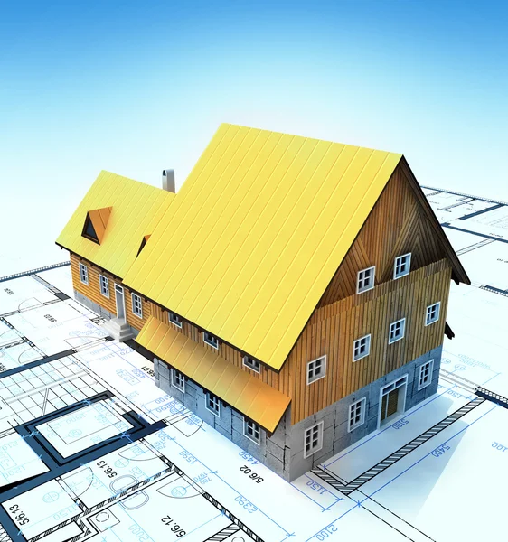 Homestead building with layout plan and blue clear sky — Stock Photo, Image