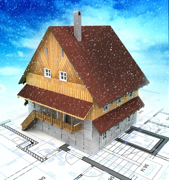 Gebergtevorming huis met lay-out plan bij bewolkt sneeuwval — Stockfoto