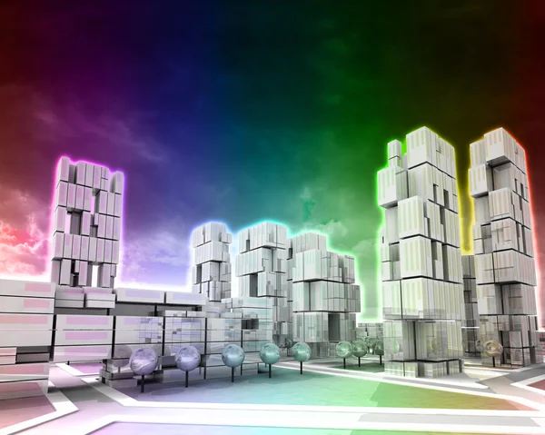 Futuristisk skyskrapa staden rainbow färgad vertikalt — Stockfoto