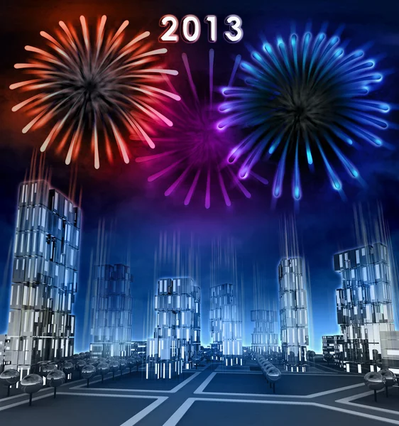 Midnight firework new year celebration over skyscraper city — Stock Photo, Image