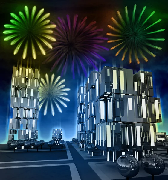 Tolles Feuerwerk bei Nacht über dem Stadtbild — Stockfoto