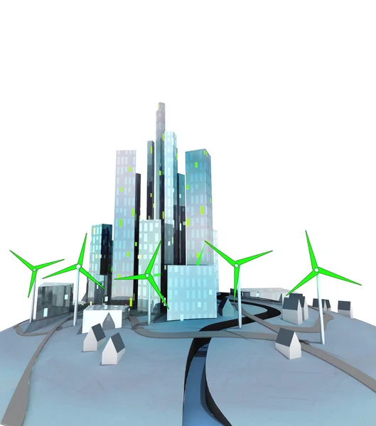 Green windmills generate electricity for ecological city — Stock Photo, Image