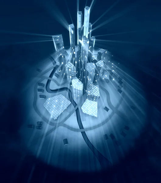 Beacon na futurystyczne Miasto nowoczesne światła w nocy — Zdjęcie stockowe