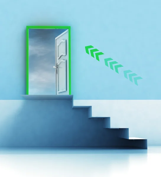 Staircase passage with direction arrow and door — Stock Photo, Image