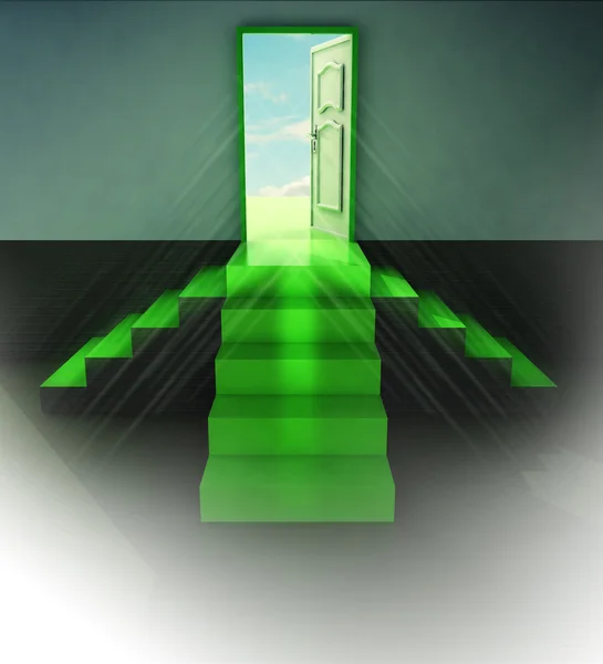 Drei grüne Treppe Tür zentrale Ansicht Fackel — Stockfoto