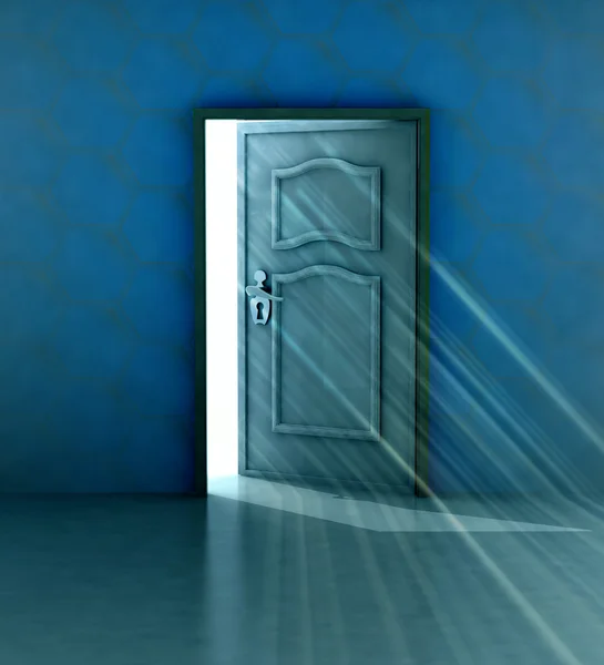 Deus salvação atrás da parede azul e porta aberta — Fotografia de Stock