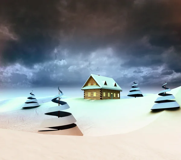 Berglandskap med hut mörk himmel kväll — Stockfoto