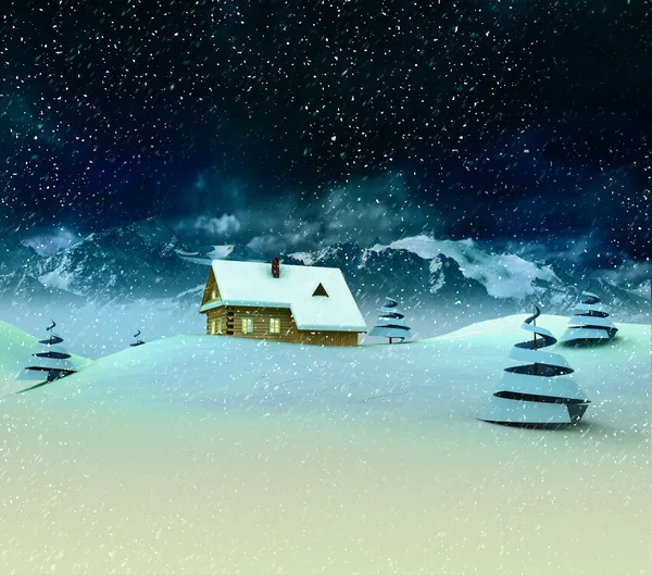 Einsame Berghütte mit Bäumen bei Schneefall — Stockfoto