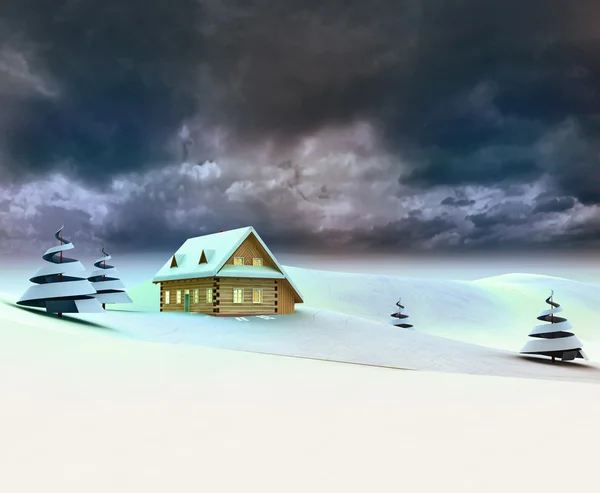 Berglandschaft mit Hütte dunklen Himmel Abend — Stockfoto