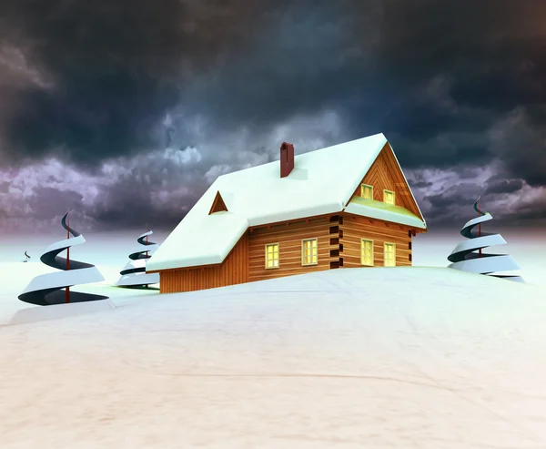 Mountain cottage with trees dark sky evening — Stock Photo, Image