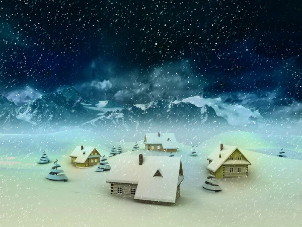 Winter village resort with mountains and snowfall — Stock Photo, Image