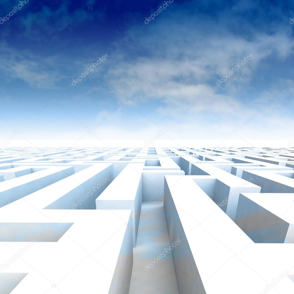 Amazing maze walls with blue cloudy sky