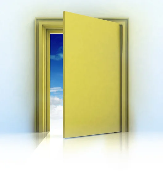 Half closed door in golden frame door with blue sky — Stock Photo, Image