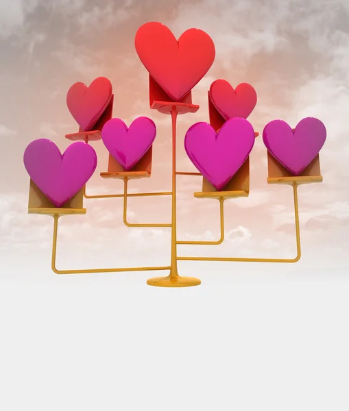 Golden stand with pink red hearts with cloudy sky — Stock Photo, Image