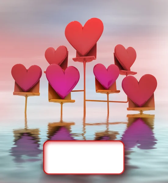 Metallständer im Wasser mit rosa roten Herzen Karte — Stockfoto