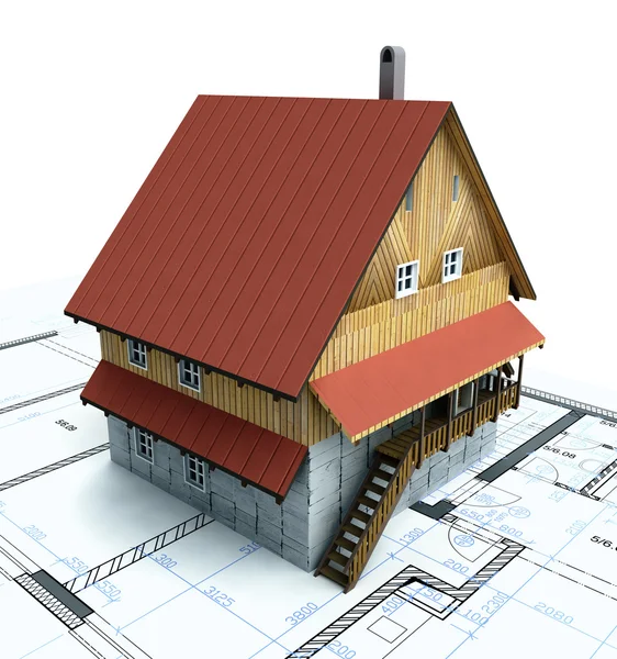 Mountain isolated building house with layout plan — Stock Photo, Image
