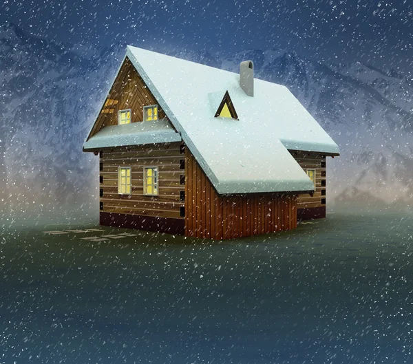 Seasonal mountain hut and window lighting at night snowfall — Stock Photo, Image