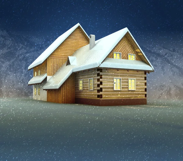 Seasonal mountain cottage and window lighting at night snowfall — Stock Photo, Image