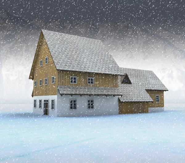 Idyllic mountain cabin at night snowfall — Stock Photo, Image