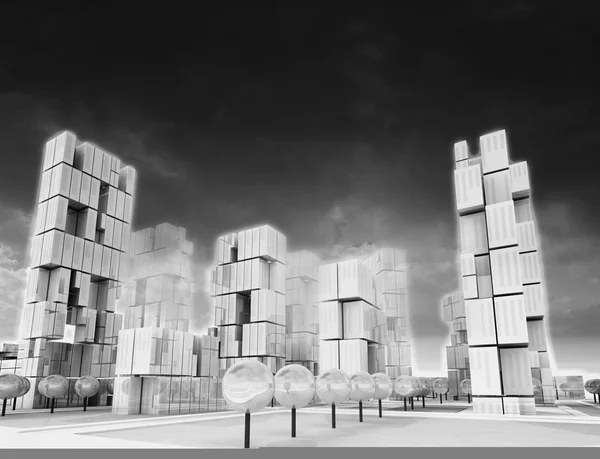 Postmodernistyczny wieżowiec miasta jako czarno-białe tapety — Zdjęcie stockowe