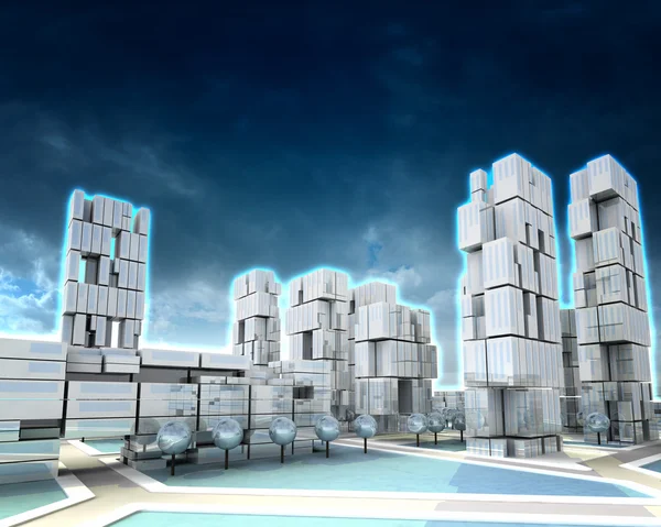 冬季多云日落的未来派摩天大楼城市 — 图库照片