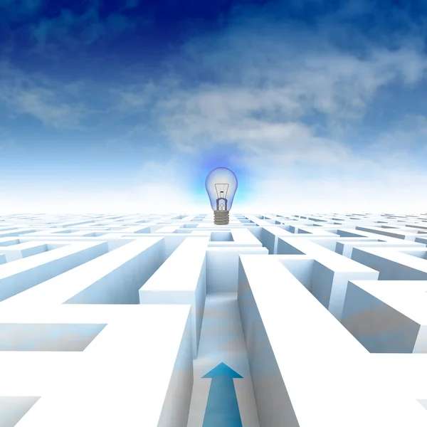 Labyrinth with arrow leading to bulb and blue cloudy sky — Stock Photo, Image