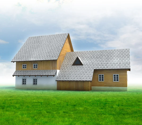 Régi hegyi parasztház, zöld fű és a kék ég — Stock Fotó