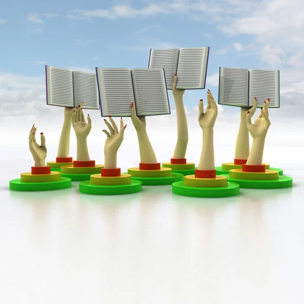 Arms holding books with blue sky — Stock Photo, Image