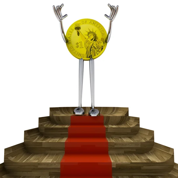 Dollar coin victory pose on red carpet illustration — Stock Photo, Image