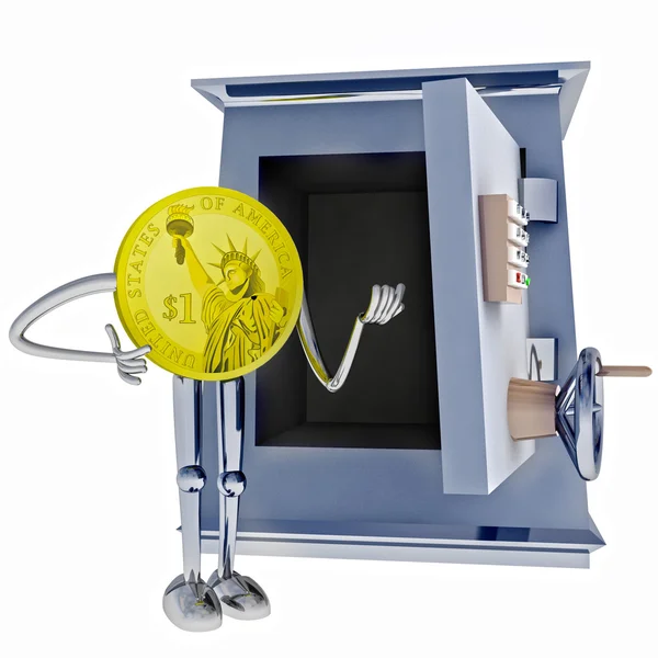 Dollar coin standing next to open vault illustration — Stock Photo, Image