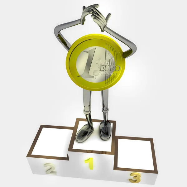 Euro coin robot as winner standing on podium ceremony illustration — Stock Photo, Image