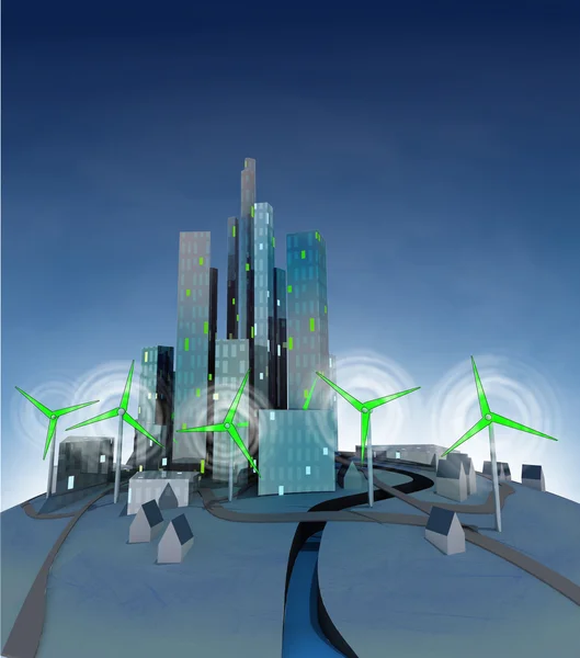 Rotation of several windmills which are powered green ecological city — Stock Photo, Image