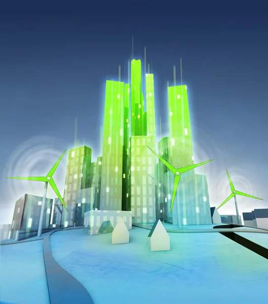 Rotating windmills powered modern green ecological city — Stock Photo, Image