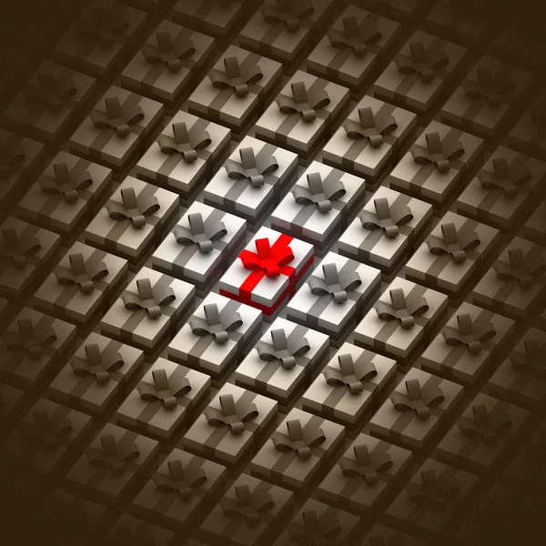 暗いビューは 1 つだけの赤いリボン ギフトに焦点を当ててください。 — ストック写真