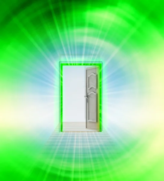 Öppnade dörren i grön himmel utrymme vind vortex — Stockfoto