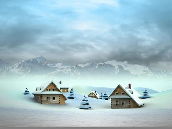 Villaggio invernale con paesaggio di alta montagna — Foto Stock