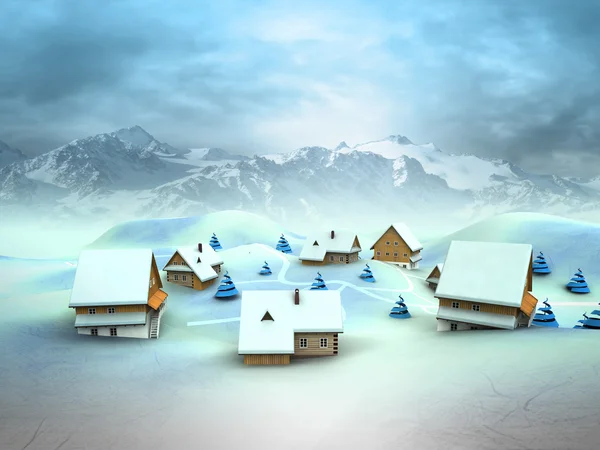 Winter village landscape with high mountain landscape — Stock Photo, Image