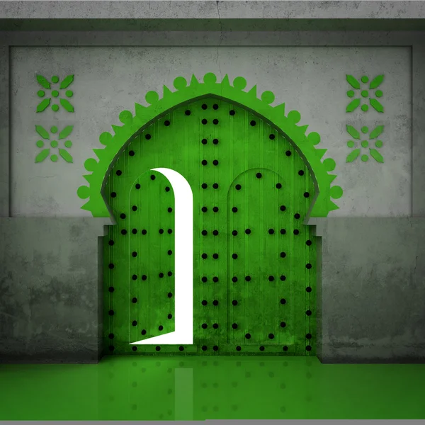 Открытая зеленая дверь в стене — стоковое фото