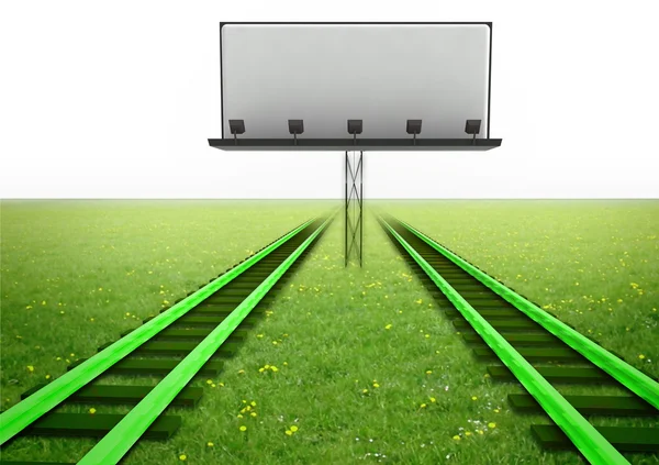 Zwei grüne Eisenbahnen mit leerer Werbetafel — Stockfoto